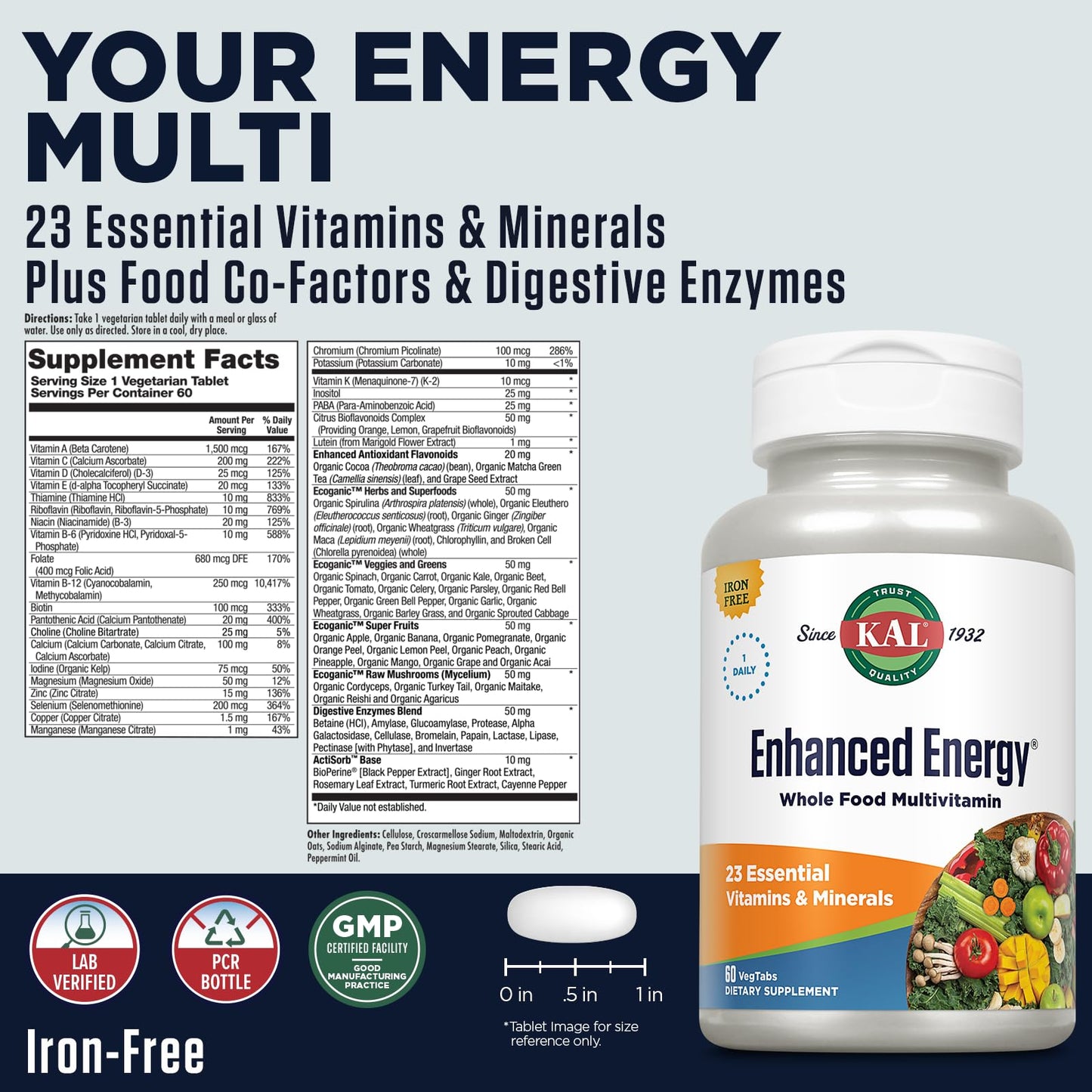 KAL Enhanced Energy Supplements | Whole Food Multivitamin for Women & Men