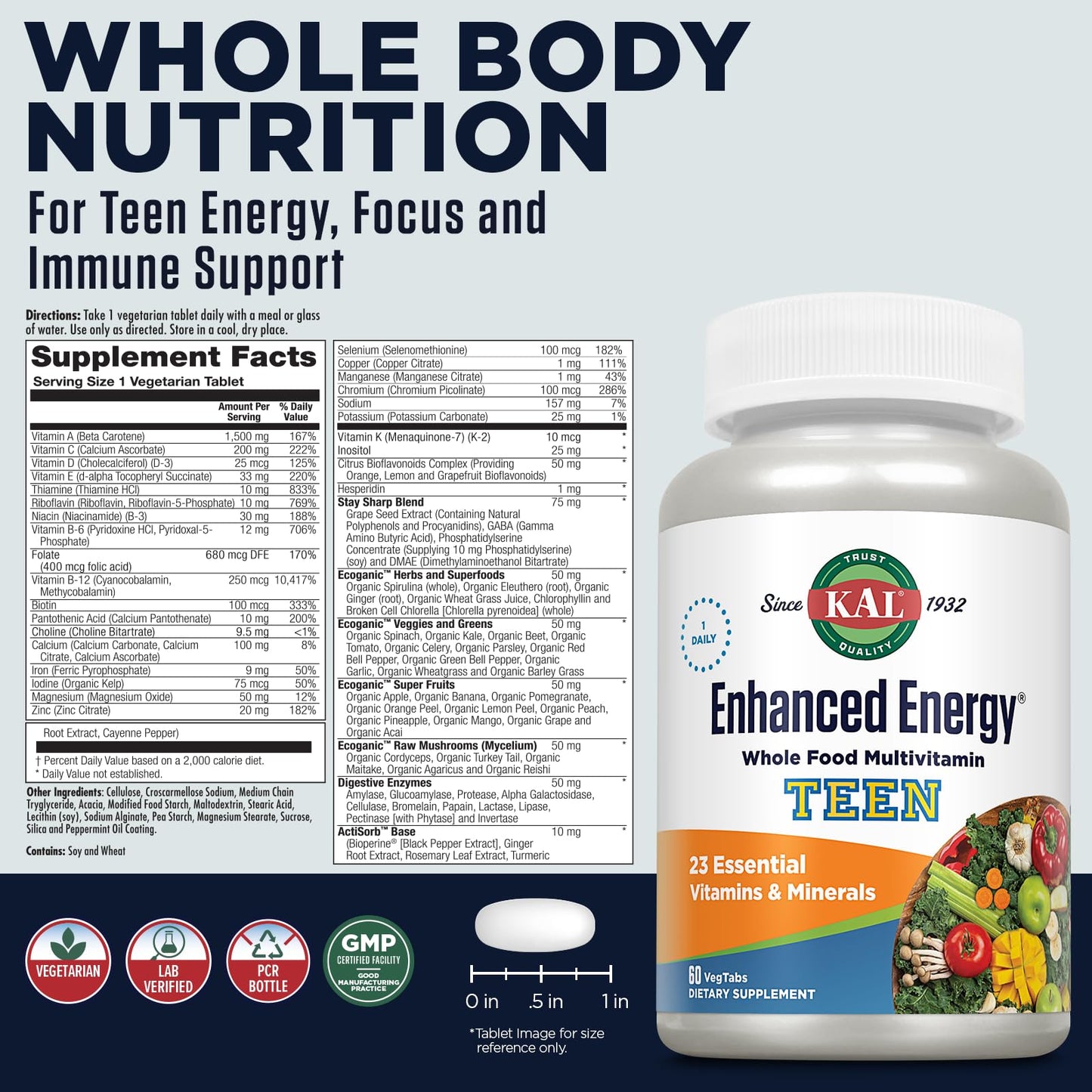 Kal Enhanced Energy for Teens Tablets, 60 Count - Daily Multivitamin