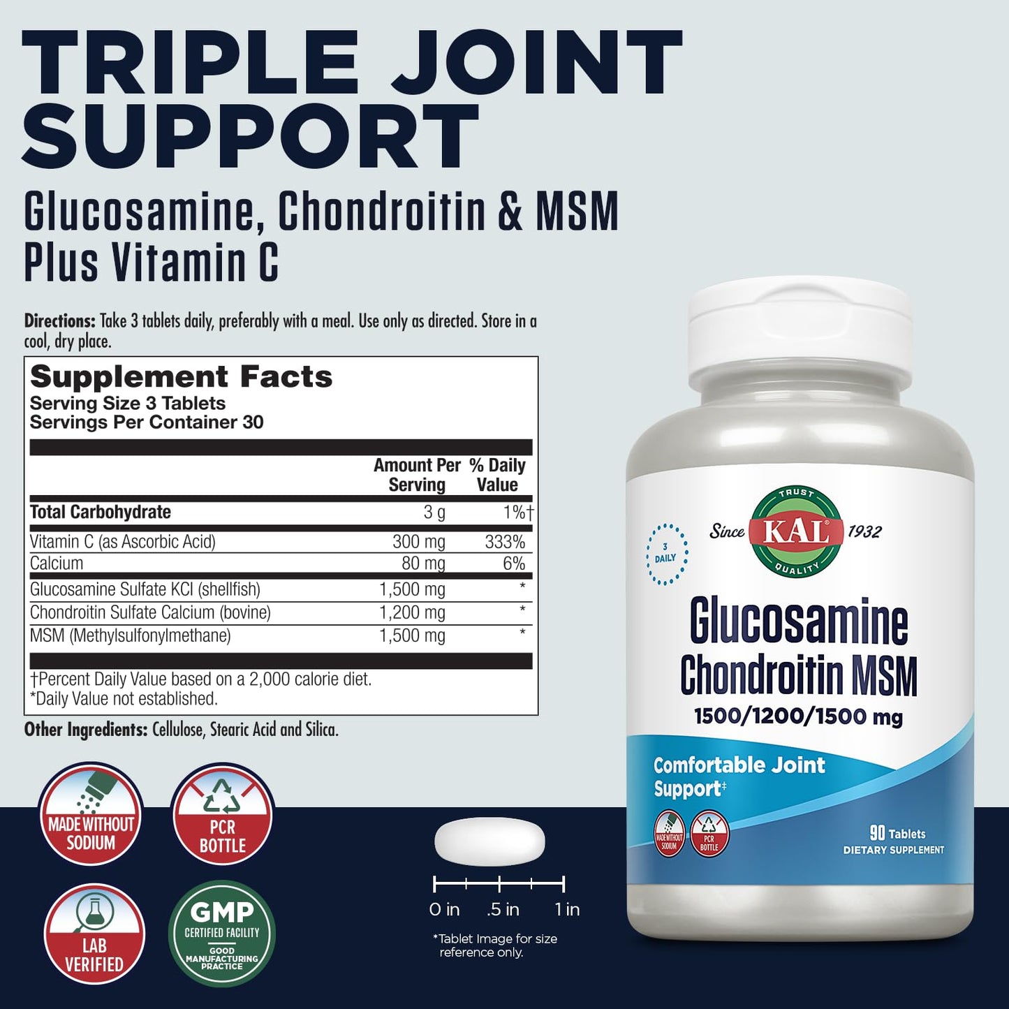 KAL Glucosamine Chondroitin MSM - Joint Support (1500/1200/1500 mg) - 60-Day Guarantee