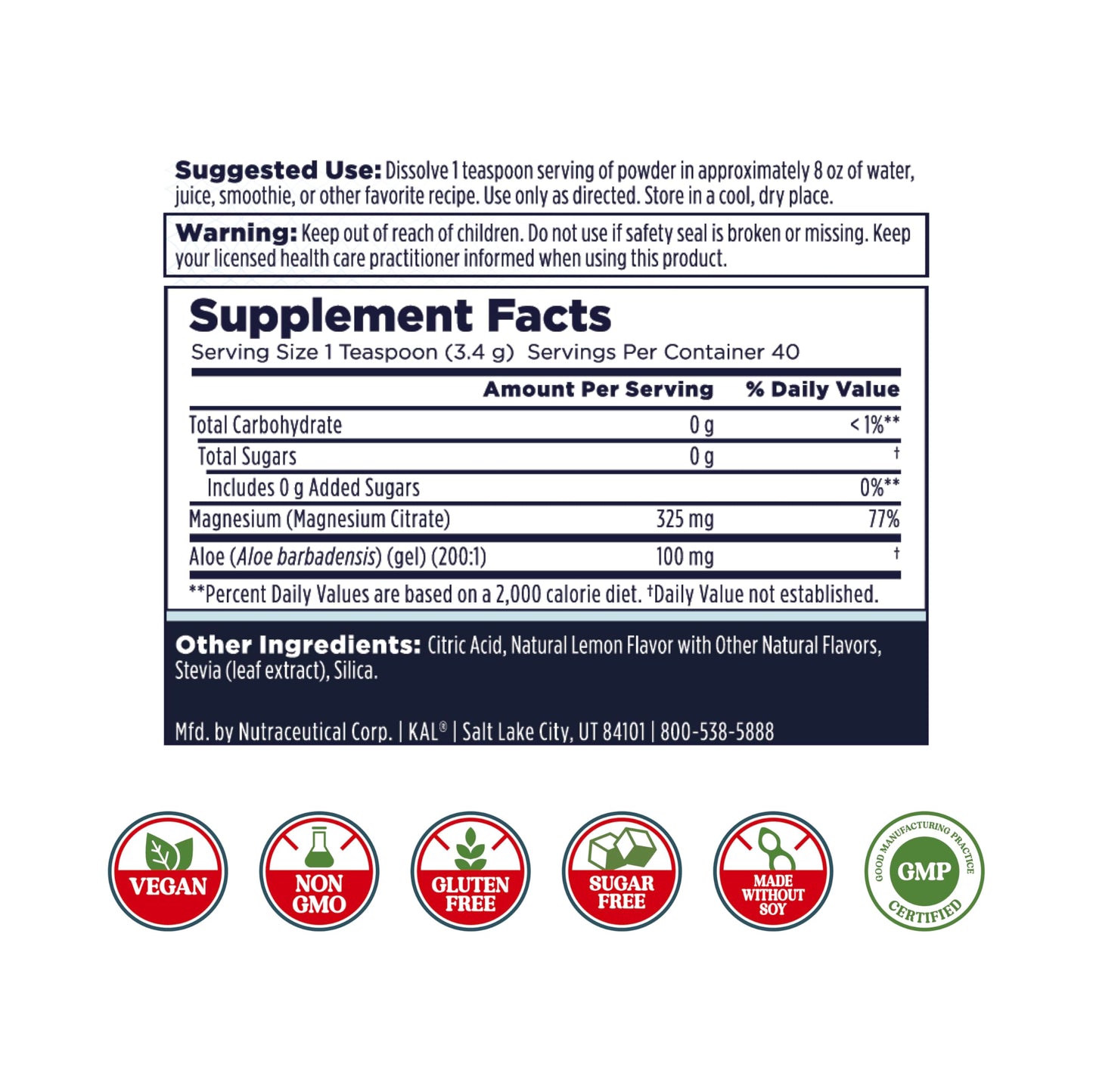KAL Gut Magnesium Plus Aloe Vera Powder – Lemon Drink Mix | No Sugar | 60-Day Guarantee | 40 Servings