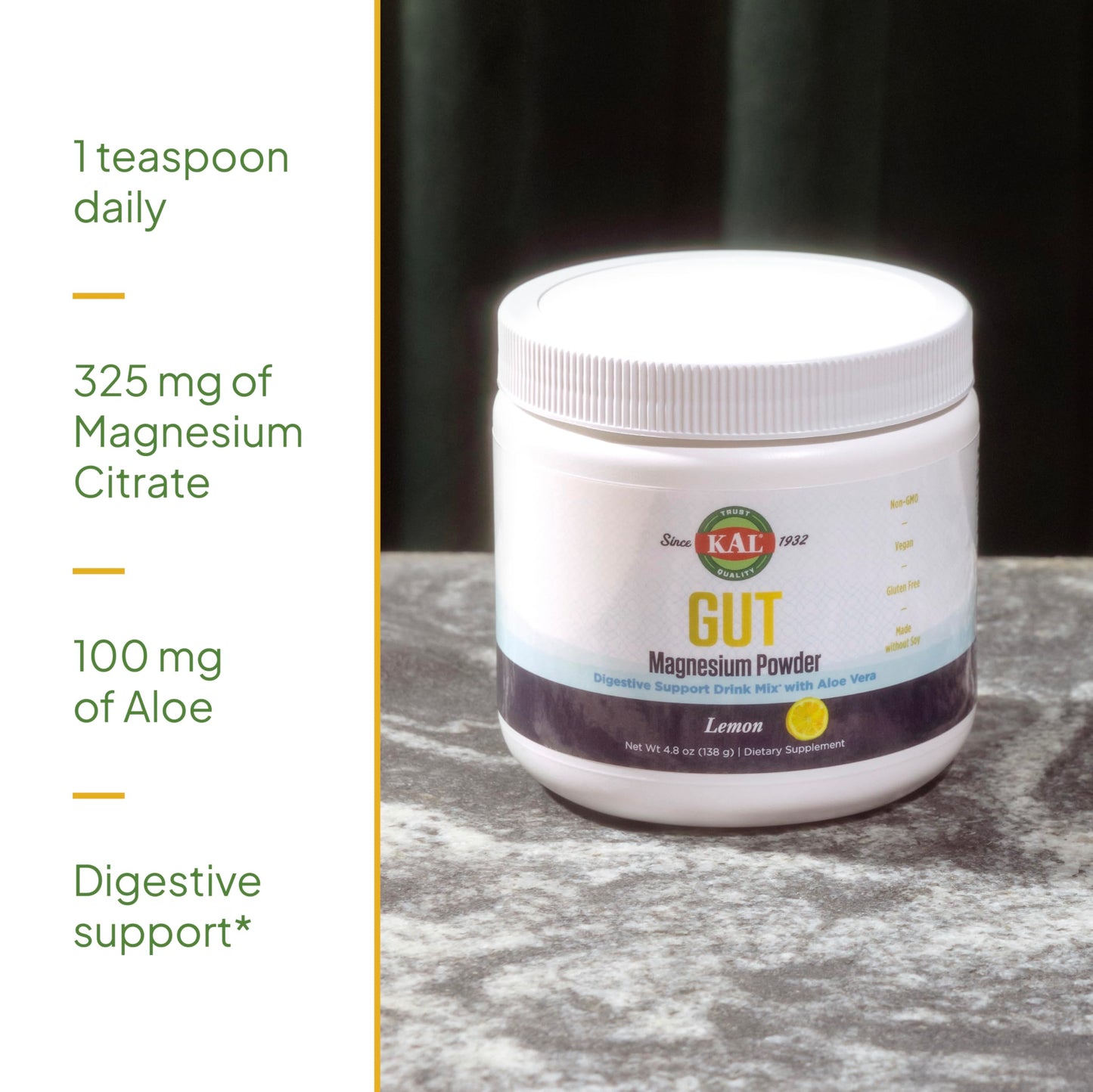 KAL Gut Magnesium Plus Aloe Vera Powder – Lemon Drink Mix | No Sugar | 60-Day Guarantee | 40 Servings