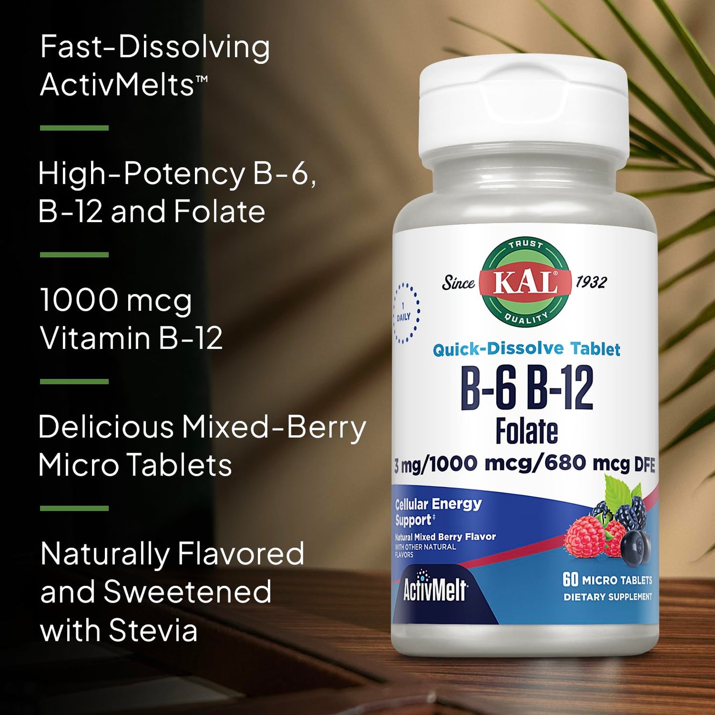 KAL Vitamin B-6, B-12 & Folic Acid – Heart Health & Energy, 60 Servings