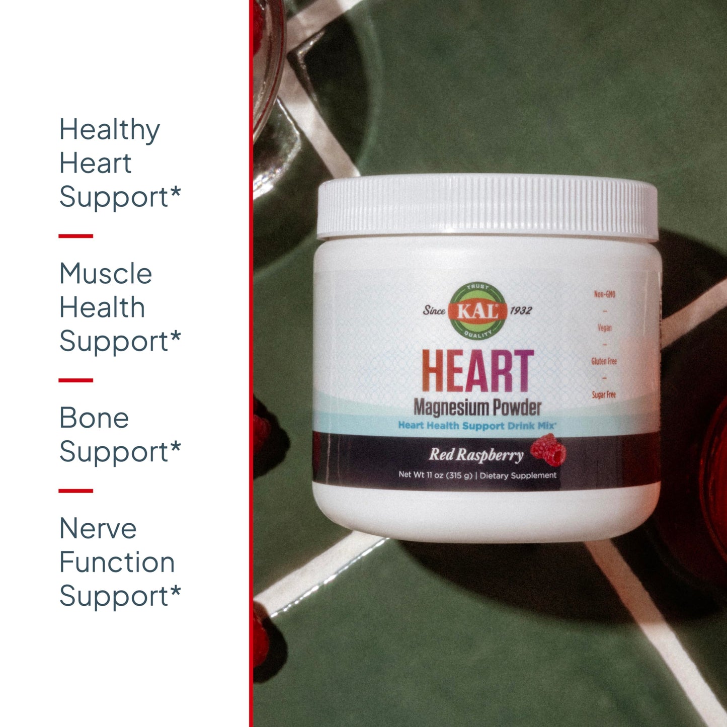 KAL Heart Magnesium Powder – Red Raspberry Flavor, 70 Servings, 11 oz