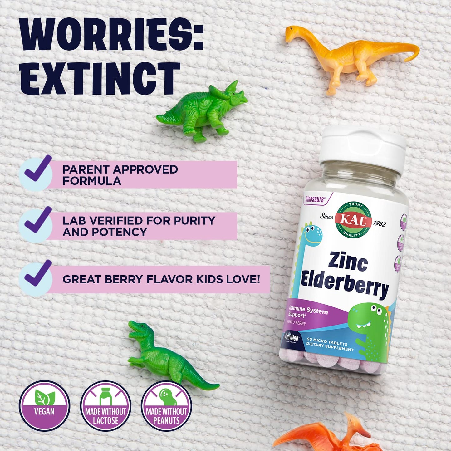 KAL Kids Zinc Elderberry Dinosaurs – Immune Support for Children, Vegan, 90 Servings