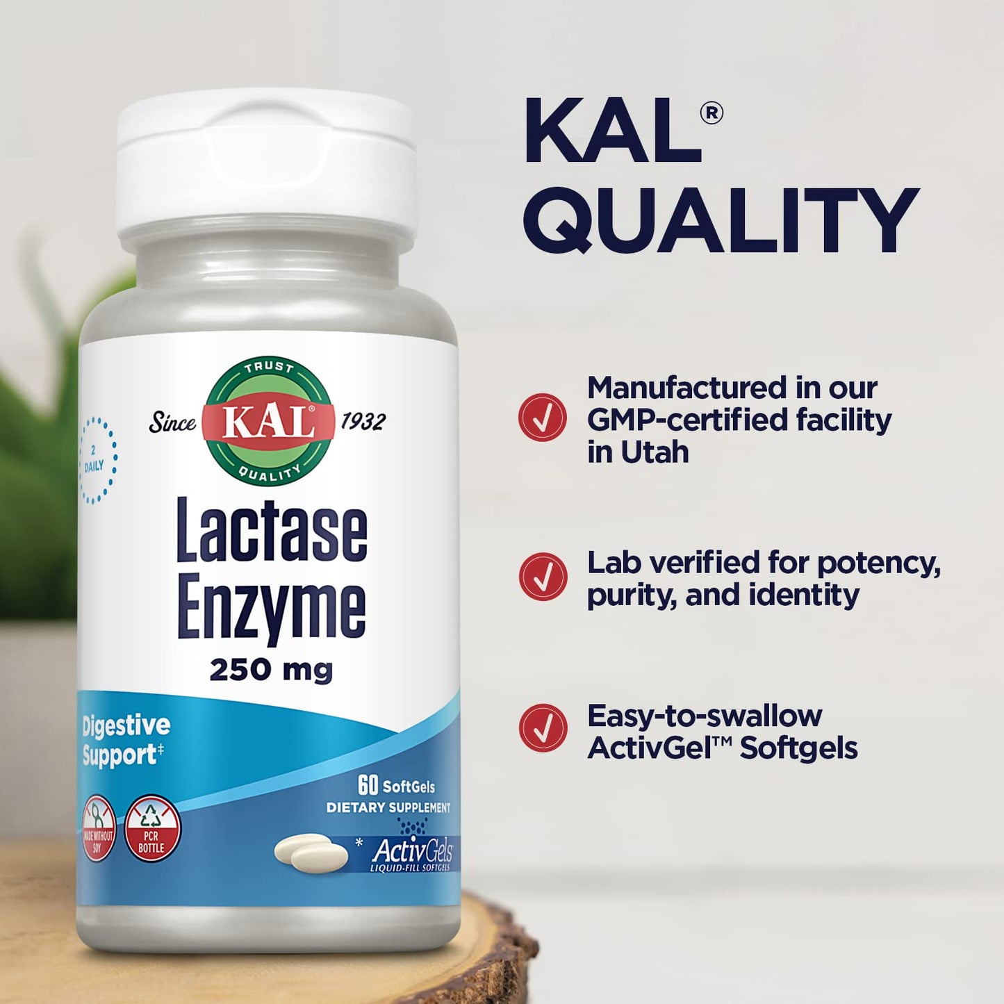 KAL Lactase Enzyme 250 mg | 60 SoftGels, 250 FCC Units for Lactose Intolerance