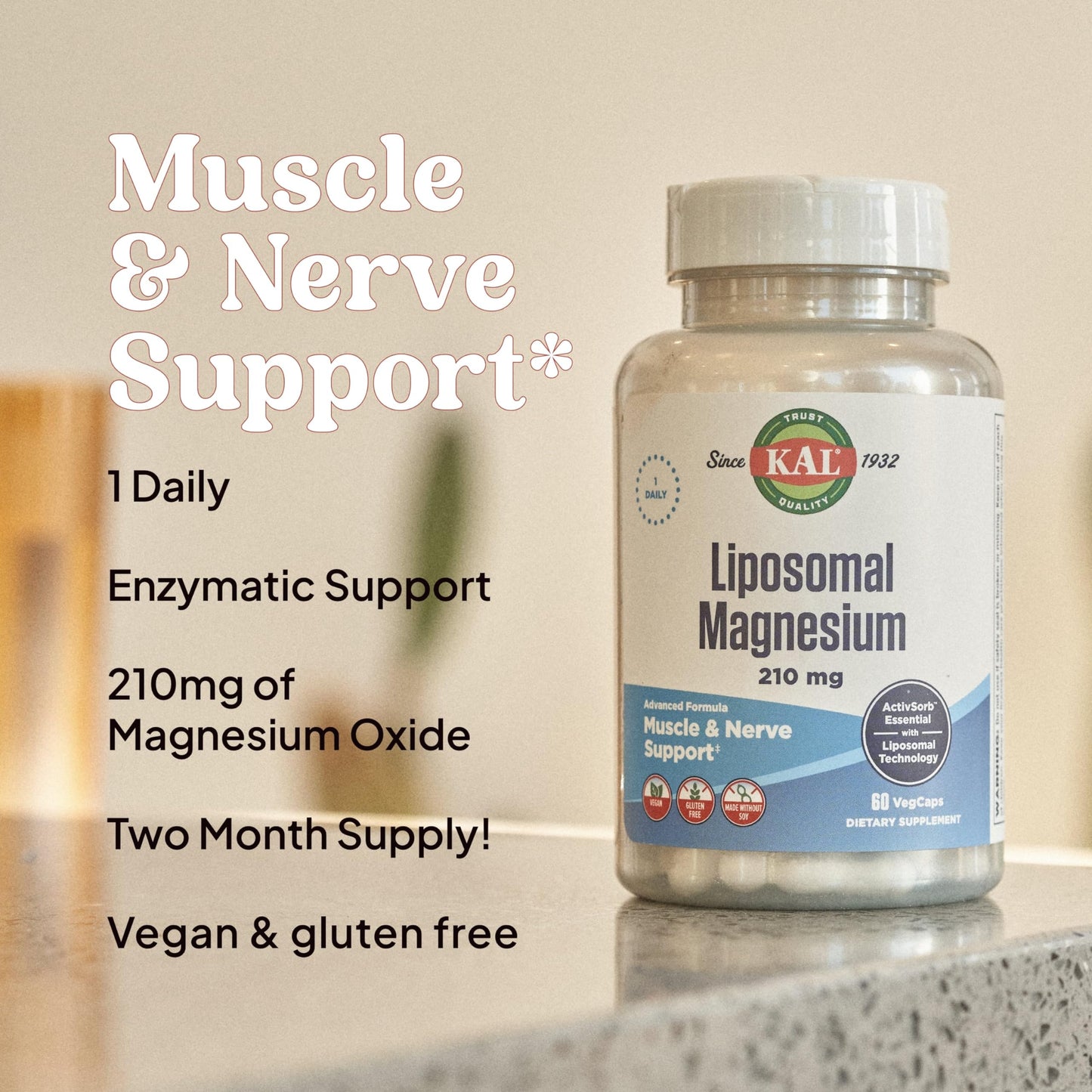 KAL Liposomal Magnesium Oxide 210 mg | High Absorption, Vegan, Gluten Free | 60 Servings