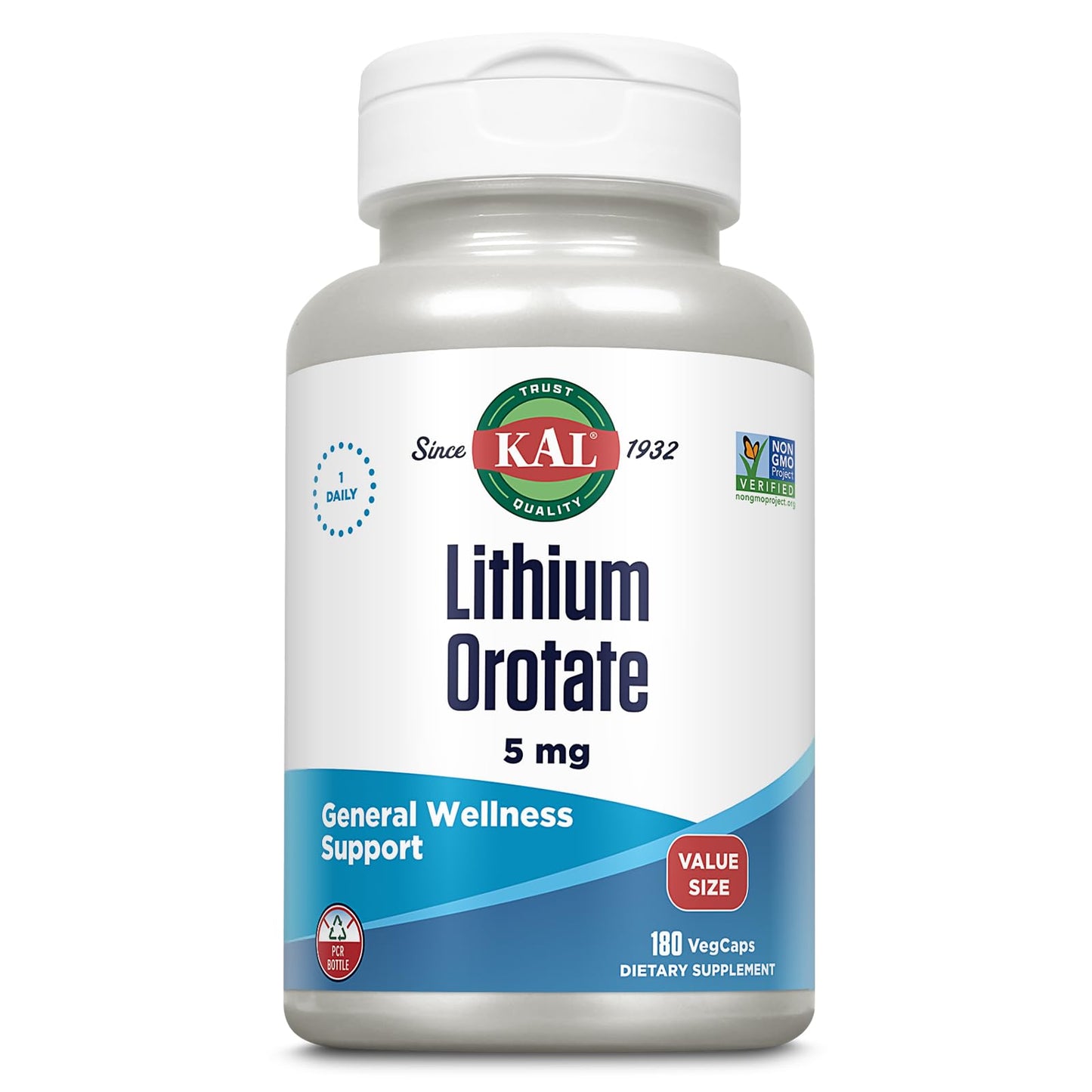 KAL Lithium Orotate 5mg – Low Dose Mood Support, Vegan, 180 Servings (180 VegCaps), 60-Day Guarantee