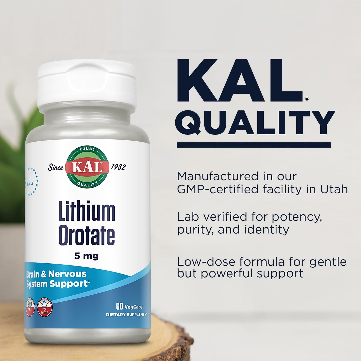 KAL Lithium Orotate 5mg | Mood Support & Bioavailability | Organic Rice Bran Base | 60 VegCaps