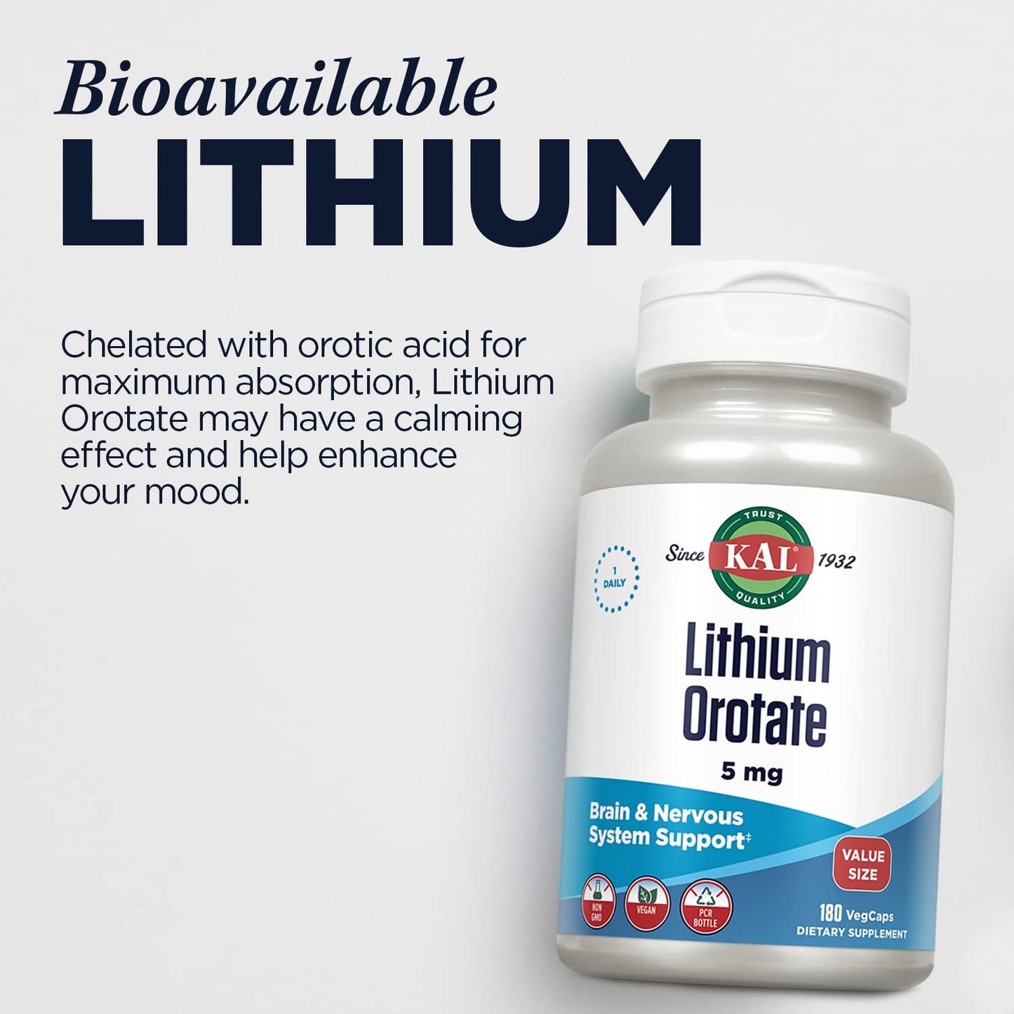 KAL Lithium Orotate 5mg – Low Dose Mood Support, Vegan, 180 Servings (180 VegCaps), 60-Day Guarantee