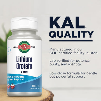 KAL Lithium Orotate 5 mg – Mood Support, 120 VegCaps, Organic Rice Bran Base