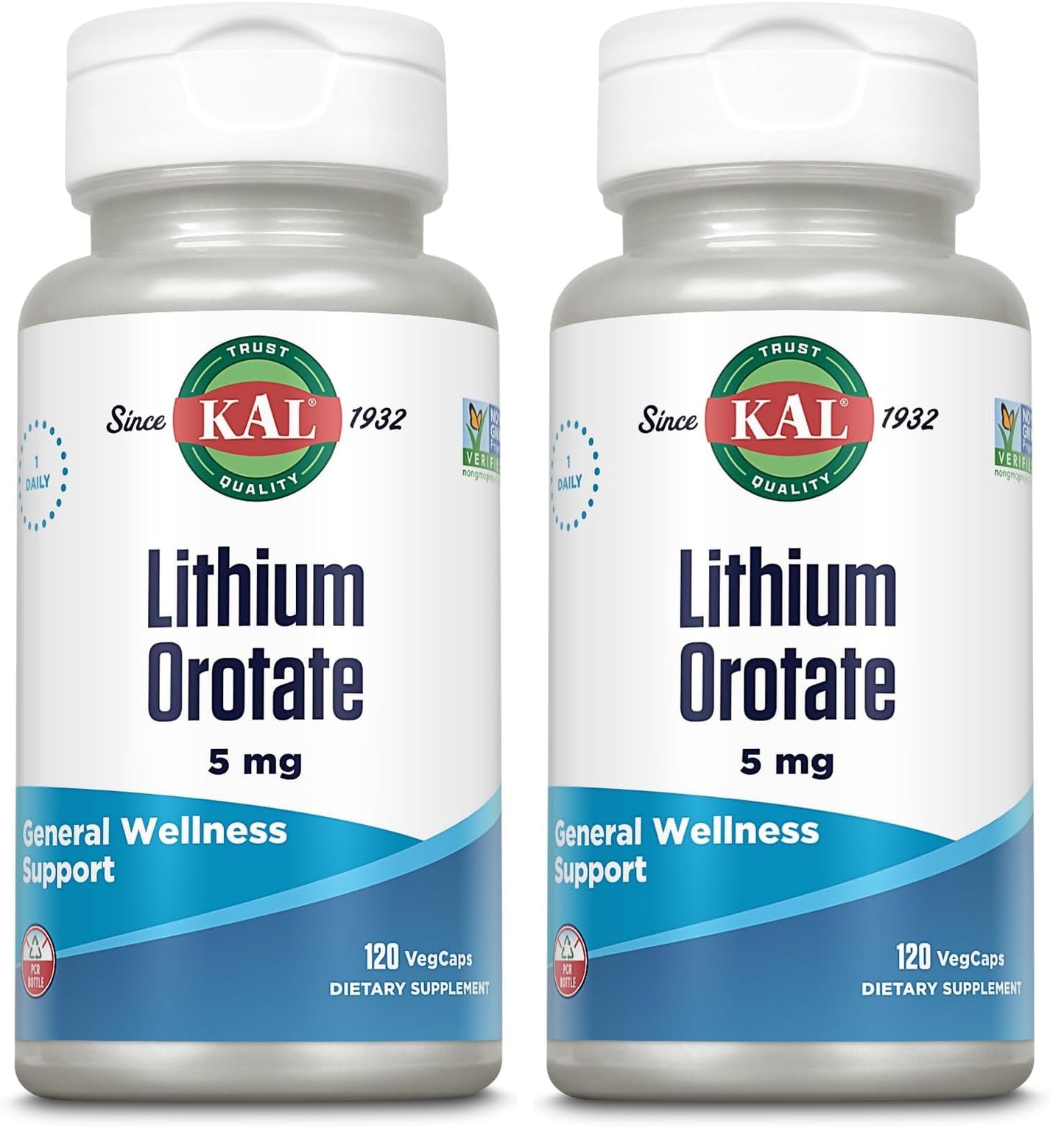 KAL Lithium Orotate 5 mg – 120 VegCaps (Pack of 2) | Mood Support