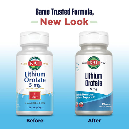 KAL Lithium Orotate 5 mg – Mood Support, 120 VegCaps, Organic Rice Bran Base