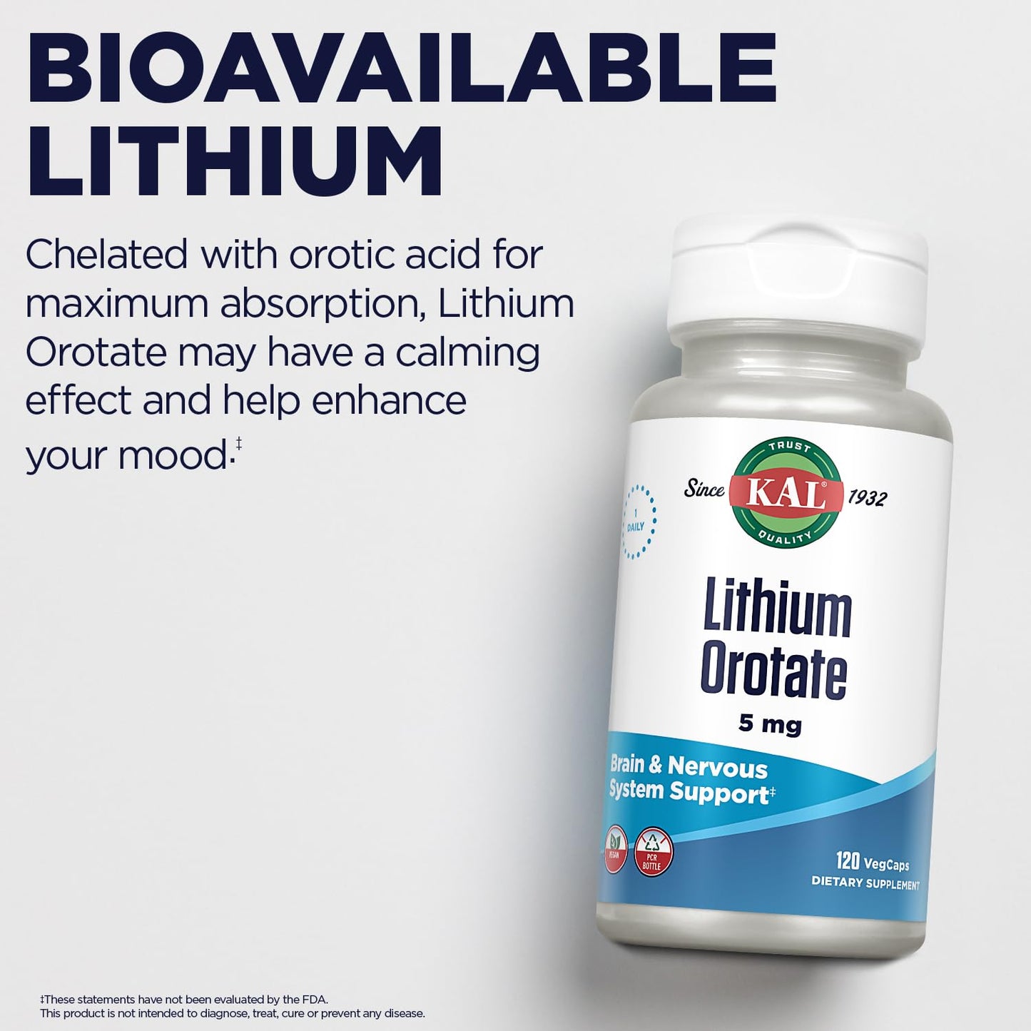 KAL Lithium Orotate 5 mg – Mood Support, 120 VegCaps, Organic Rice Bran Base
