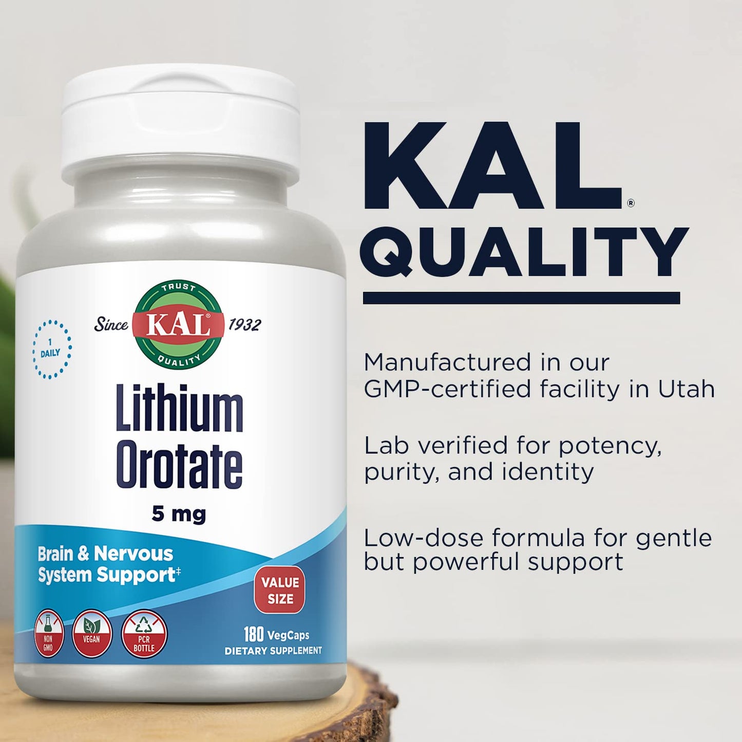 KAL Lithium Orotate 5mg – Low Dose Mood Support, Vegan, 180 Servings (180 VegCaps), 60-Day Guarantee