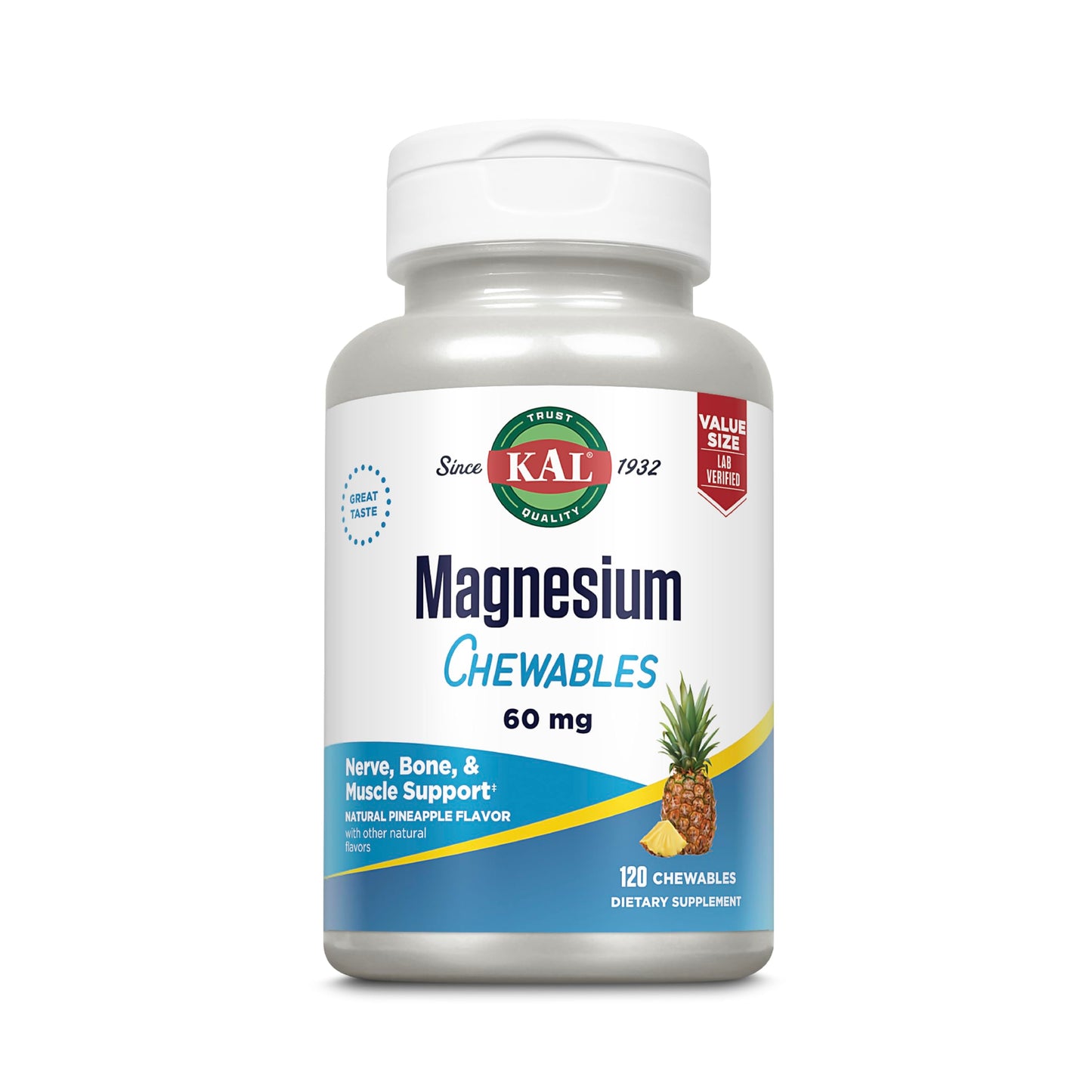 KAL Magnesium Chewables – Magnesium Citrate, Pineapple, 120 Tabs | Vegan