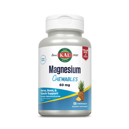 KAL Magnesium Chewables – Magnesium Citrate, Pineapple, 120 Tabs | Vegan