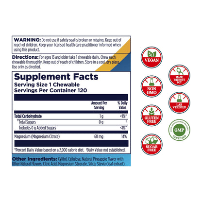 KAL Magnesium Chewables – Magnesium Citrate, Pineapple, 120 Tabs | Vegan