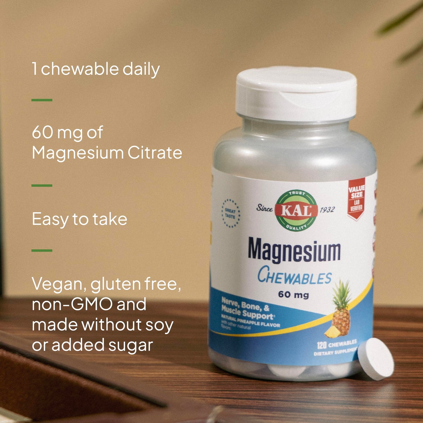KAL Magnesium Chewables – Magnesium Citrate, Pineapple, 120 Tabs | Vegan