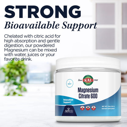 KAL Magnesium Citrate 600 mg ActivMix Instant Powder – Muscle Function, Relaxation, Vegan & Gluten Free
