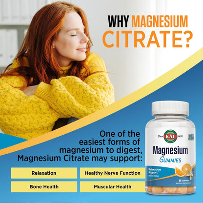 KAL Magnesium Citrate Gummies – Relaxation, Energy, Bone & Muscle Support | 330 mg | Orange Vanilla | Non-GMO, Vegetarian – 60 Gummies