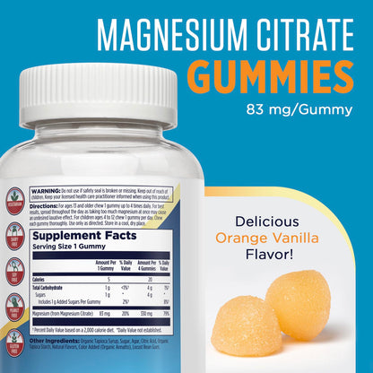 KAL Magnesium Citrate Gummies – Relaxation, Energy, Bone & Muscle Support | 330 mg | Orange Vanilla | Non-GMO, Vegetarian – 60 Gummies