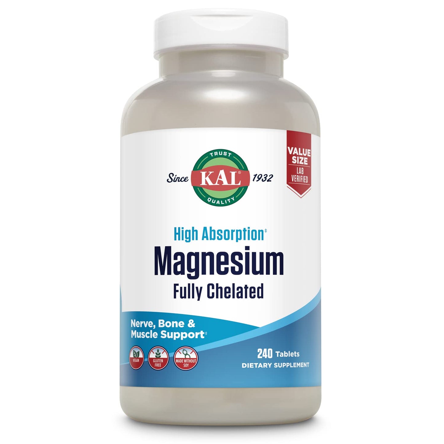 KAL Magnesium Glycinate Tablets – 240 Count, High Absorption, Vegan