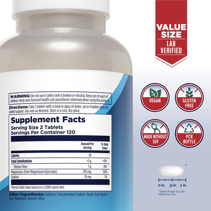KAL Magnesium Glycinate Tablets – 240 Count, High Absorption, Vegan