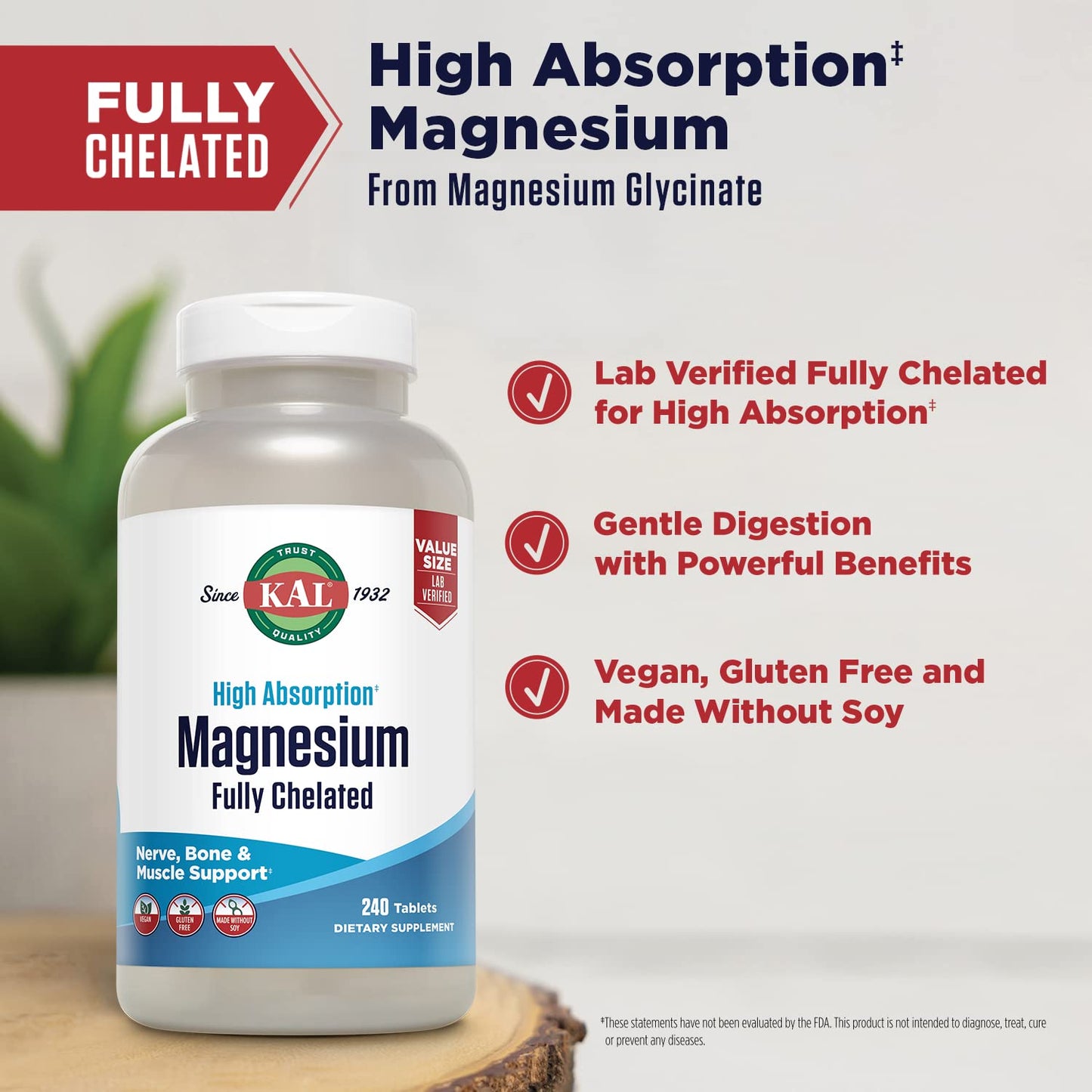 KAL Magnesium Glycinate Tablets – 240 Count, High Absorption, Vegan