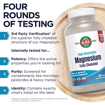KAL Magnesium Glycinate Tablets – 240 Count, High Absorption, Vegan