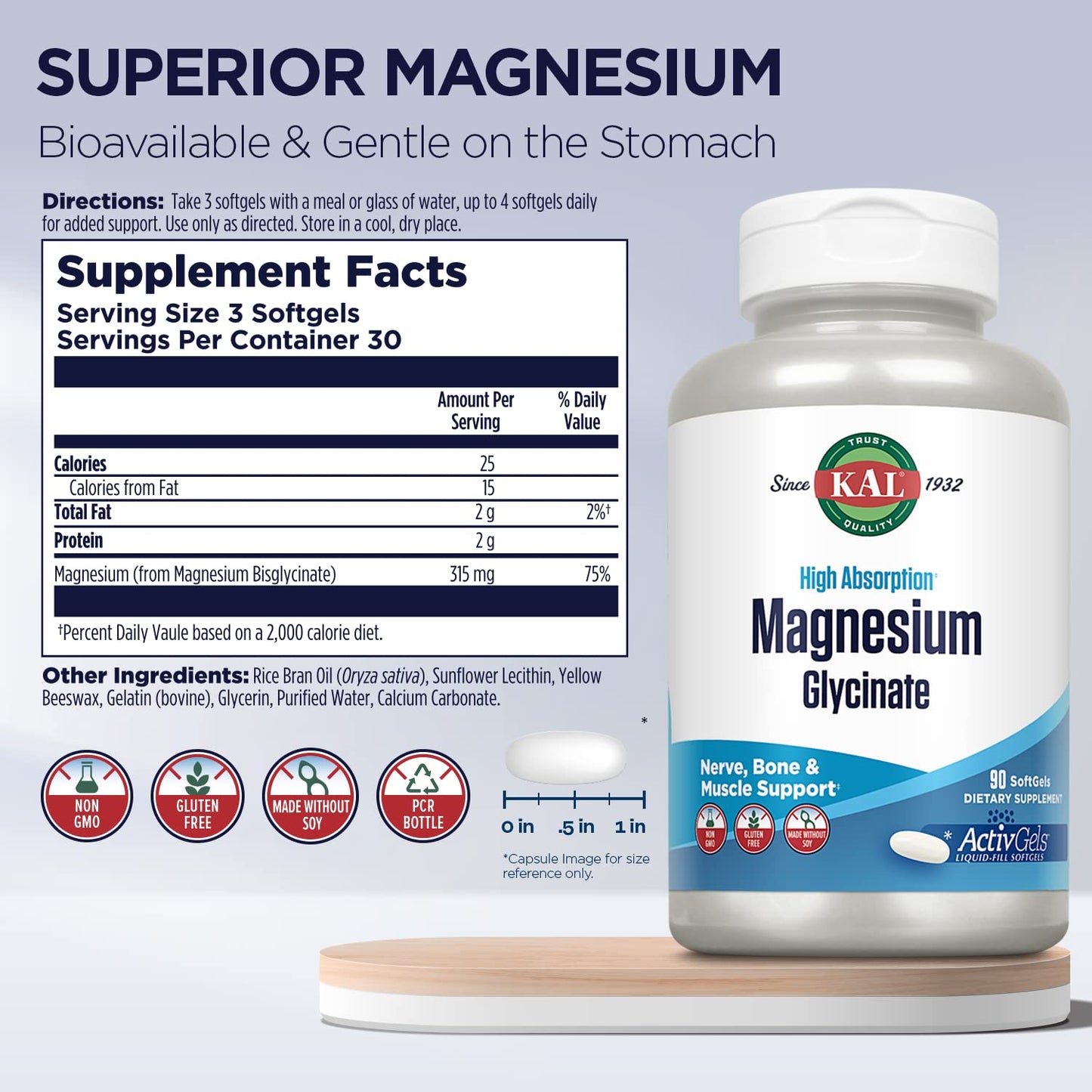 KAL Magnesium Glycinate ActivGels 315mg | High Absorption Magnesium