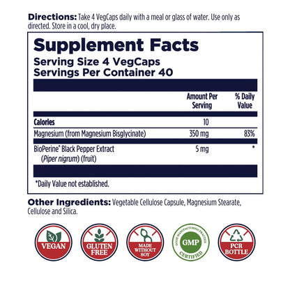 KAL Magnesium Glycinate Capsules | Chelated Mg Bisglycinate, High Absorption