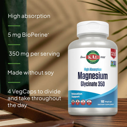 KAL Magnesium Glycinate Capsules | Chelated Mg Bisglycinate, High Absorption
