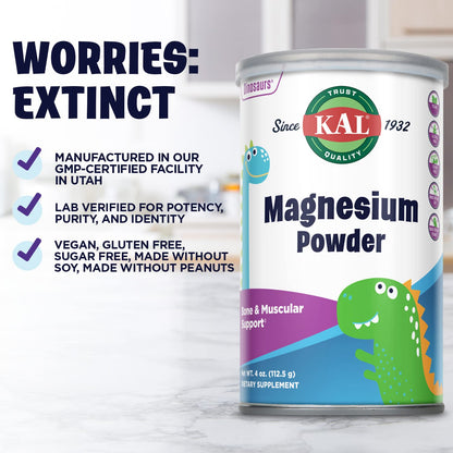 KAL Magnesium Powder for Kids - Pure Magnesium Citrate, 90 Servings, 4 oz