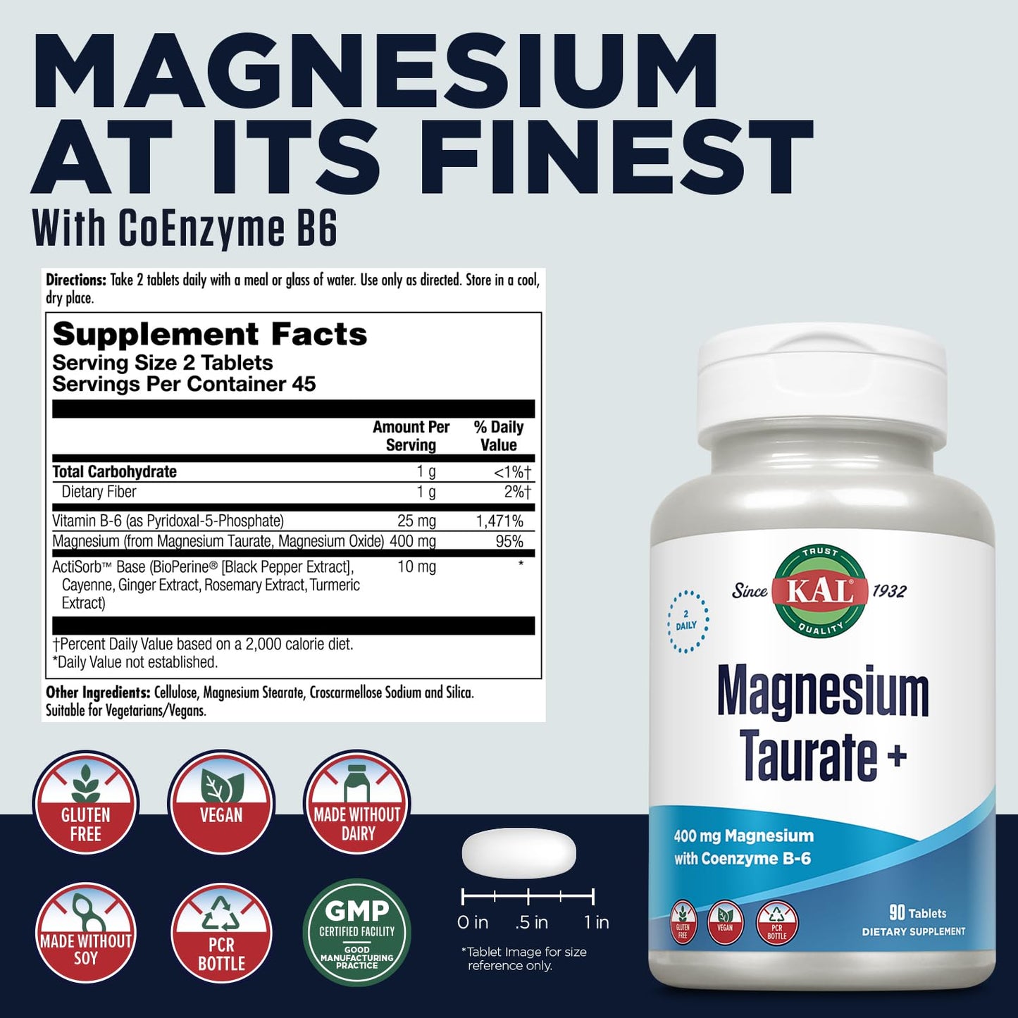 KAL Magnesium Taurate 400mg + Vitamin B6 | Vegan & Gluten Free