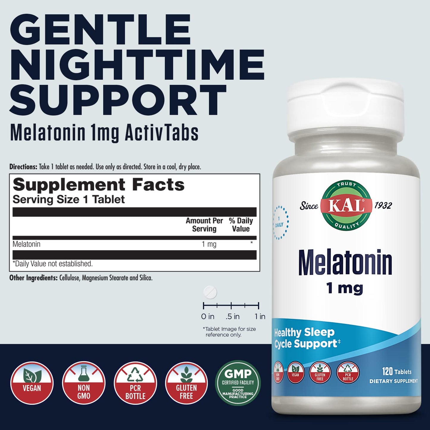 KAL Melatonin 1 mg Sleep Aid – Fast Acting, Vegan and Gluten Free