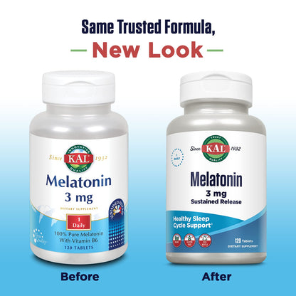 KAL Melatonin 3mg Sustained Release Sleep Aid – Vegan, Gluten Free | 120 tablets