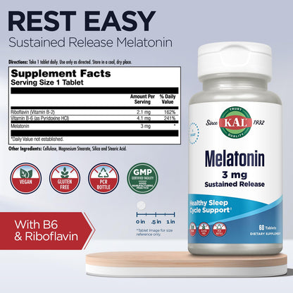 KAL Melatonin 3mg Sustained Release Sleep Aid - Vegan, Gluten Free | 60 Tablets (60 Servings)