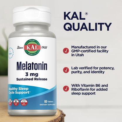 KAL Melatonin 3mg Sustained Release Sleep Aid - Vegan, Gluten Free | 60 Tablets (60 Servings)