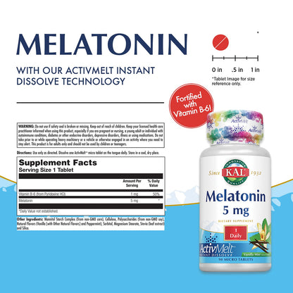 KAL Melatonin 5 mg Sleep Aid – 90 Veg Micro Tablets, Vanilla Mint