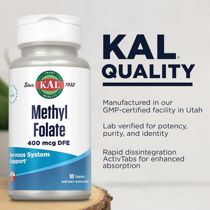 KAL Methyl Folate 400 mcg DFE | 5-MTHF B9 | Heart & Brain Support