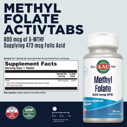 KAL Methyl Folate 800 mcg DFE (5-MTHF) ActivTab – Heart Health, Prenatal & Mood Support | 90 Servings
