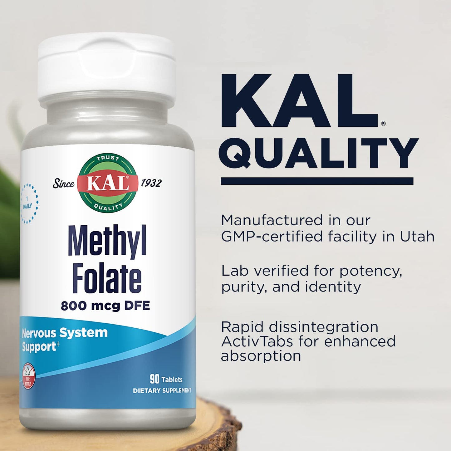 KAL Methyl Folate 800 mcg DFE (5-MTHF) ActivTab – Heart Health, Prenatal & Mood Support | 90 Servings