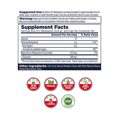 KAL Mood Magnesium Powder with L-Theanine – Mandarin Flavor | Relaxation & High Absorption (40 Servings, 9.8 oz)