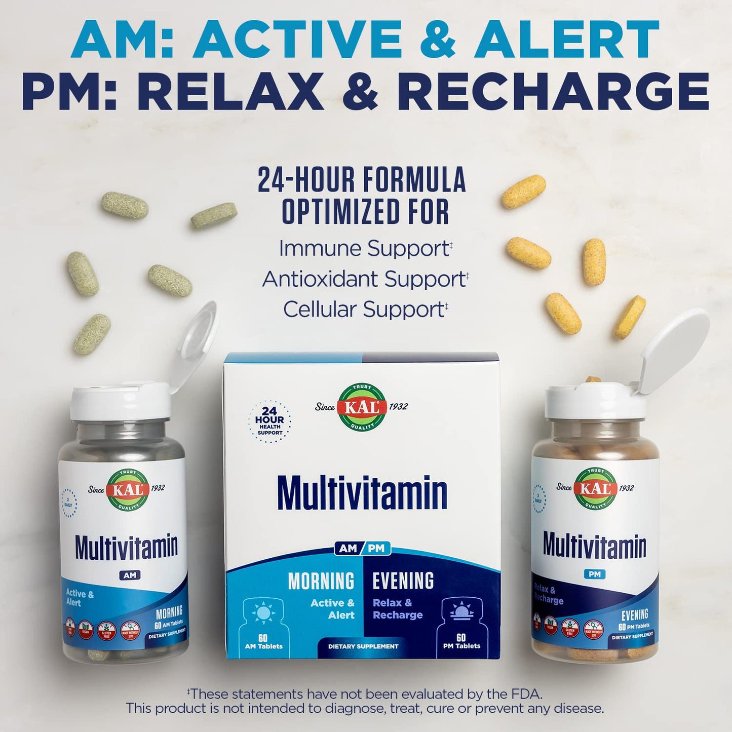 KAL Multivitamin AM/PM 2-in-1 – Immune & Cellular Support, Gluten Free | 120 Tablets