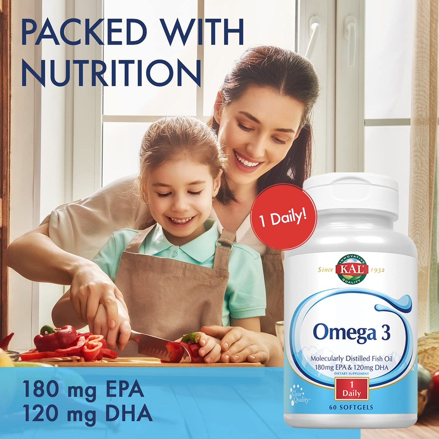 KAL 180/120 1000 mg Omega-3 Fish Oil — 60 Softgels (EPA 180 mg, DHA 120 mg)