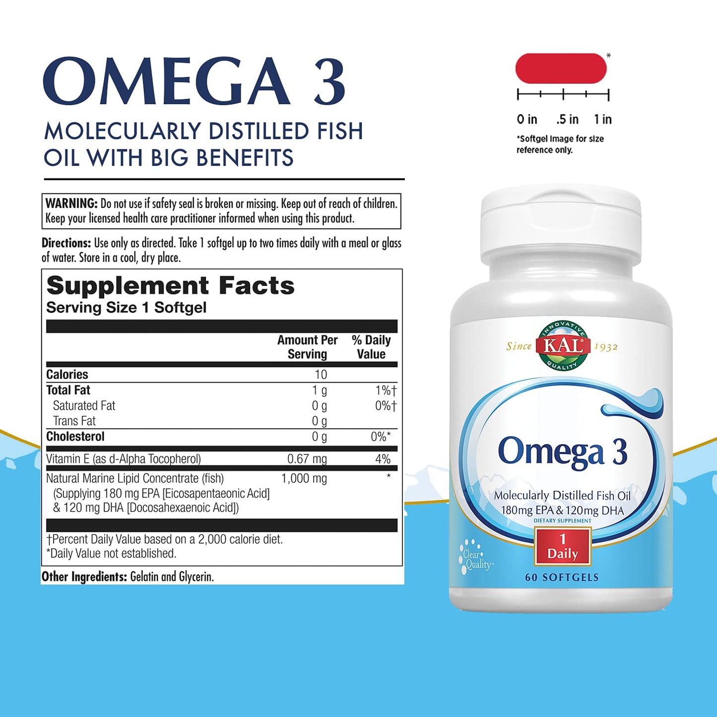 KAL 180/120 1000 mg Omega-3 Fish Oil — 60 Softgels (EPA 180 mg, DHA 120 mg)