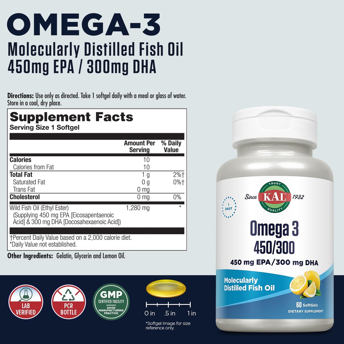 KAL 450/300 1280 mg Omega-3 Lemon Soft Gels – 60 Count