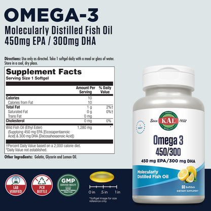KAL 450/300 1280 mg Omega-3 Lemon Soft Gels – 60 Count