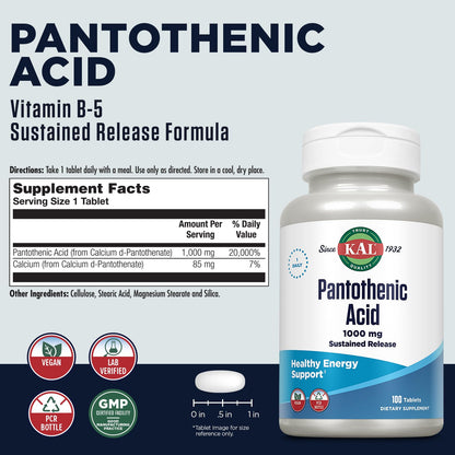KAL Pantothenic Acid 1000mg - Sustained Release Vitamin B5 for Energy & Metabolism | Vegan