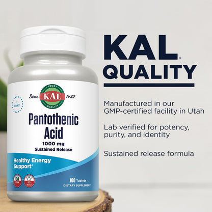 KAL Pantothenic Acid 1000mg - Sustained Release Vitamin B5 for Energy & Metabolism | Vegan